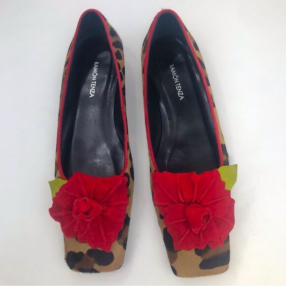 Ramon Tenza Leopard Print Flats with Red Floral Accent - Picture 2 of 16